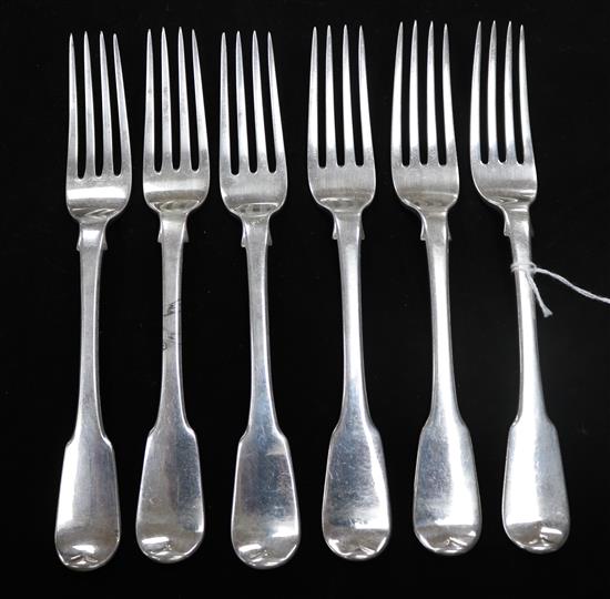 A set of six George III silver fiddle pattern table forks, London 1782, maker TB
